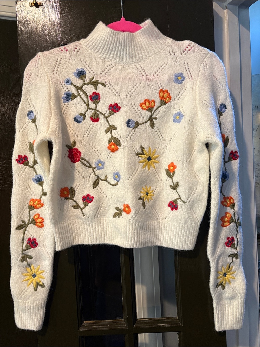 Alya White Mock Neck Sweater with Multicolor Floral Embroidery
